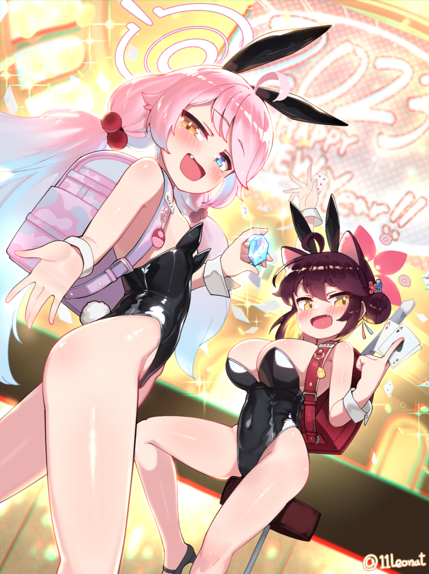 2girls, animal_ears, ass, backpack, bag, bar_(place), bar_stool, bare_legs, black_footwear, black_leotard, blue_archive, blue_eyes, blush, breasts, brown_hair, card, cat_ears, chinese_zodiac, covered_navel, cowboy_shot, crime_prevention_buzzer, dutch_angle, fake_animal_ears, fake_tail, fang, feet, female_focus, flat_chest, hair_bun, halo, happy_new_year, heterochromia, high_heels, highres, holding, holding_card, hoshino_(blue_archive), kaede_(blue_archive), large_breasts, leonat, leotard, loli, long_hair, looking_at_viewer, low_twintails, multiple_girls, name_tag, narrowed_eyes, new_year, open_mouth, oppai_loli, pink_hair, playboy_bunny, playing_card, pyroxene_(blue_archive), rabbit_ears, rabbit_tail, randoseru, revealing_clothes, shoes, short_hair, sitting, smile, standing, stool, tail, thighs, twintails, twitter_username, very_long_hair, wrist_cuffs, year_of_the_rabbit, yellow_eyes