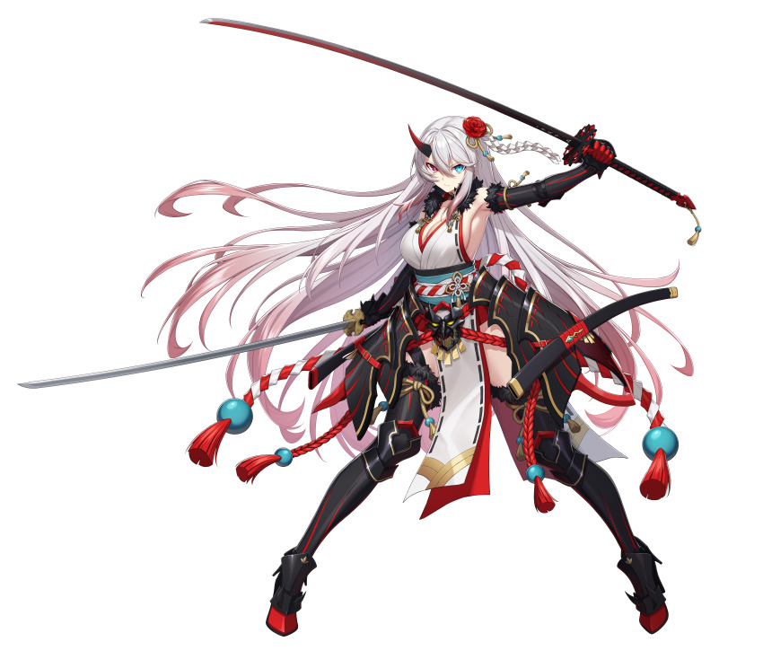1girl, absurdres, armored_boots, artist_request, blue_eyes, boots, breasts, closed_mouth, counter:side, dual_wielding, flower, full_body, fur_trim, gradient_hair, hair_between_eyes, hair_flower, hair_ornament, hand_up, heterochromia, highres, holding, holding_sword, holding_weapon, horns, japanese_clothes, katana, kouhaku_nawa, large_breasts, long_hair, looking_at_viewer, mask, multicolored_hair, nanahara_chifuyu, obi, official_art, pelvic_curtain, pink_eyes, pink_hair, red_flower, rope, sash, shimenawa, simple_background, single_horn, solo, standing, sword, thigh_strap, transparent_background, weapon, white_hair
