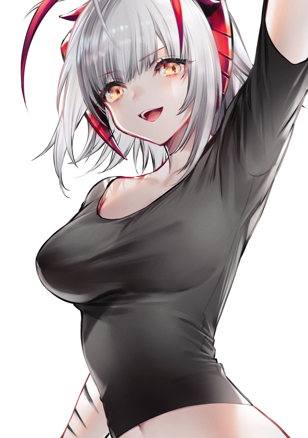 1girl, :d, antenna_hair, arknights, arm_up, black_shirt, breasts, commentary_request