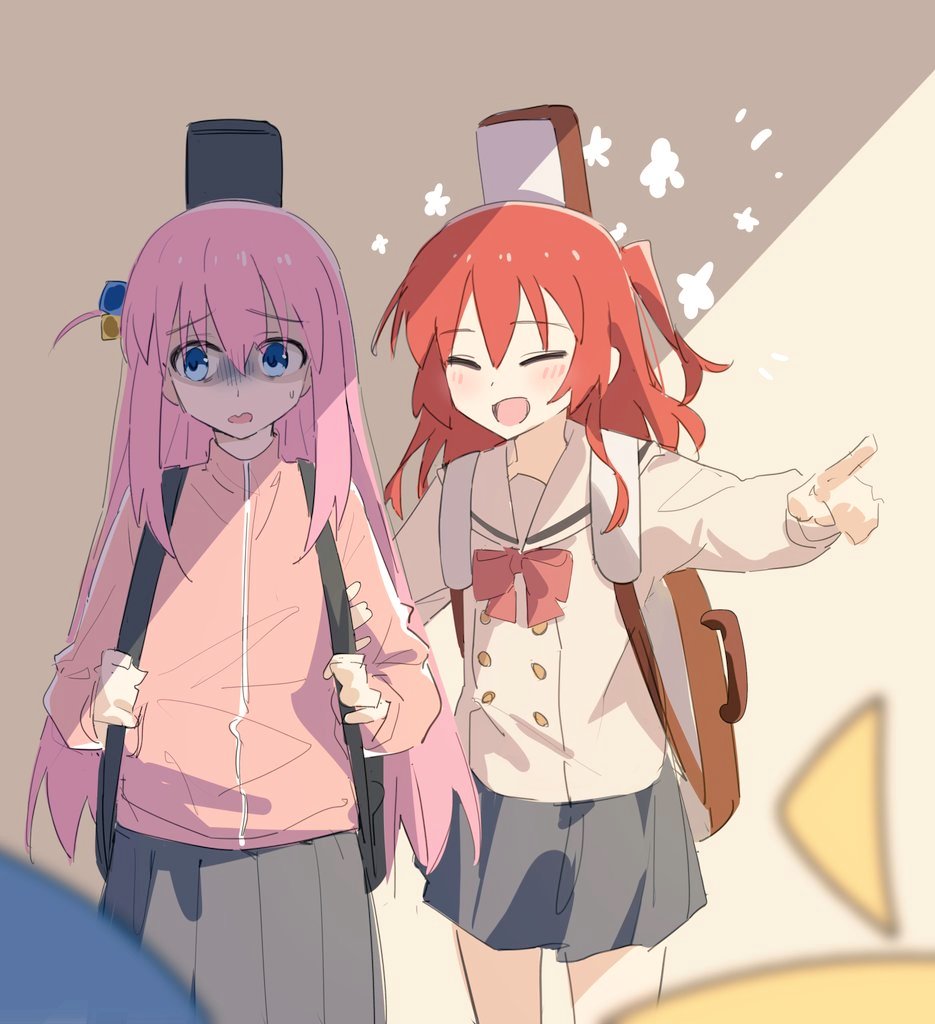 4girls, ahoge, arm_grab, blonde_hair, blue_eyes, blue_hair, blurry, blurry_foreground