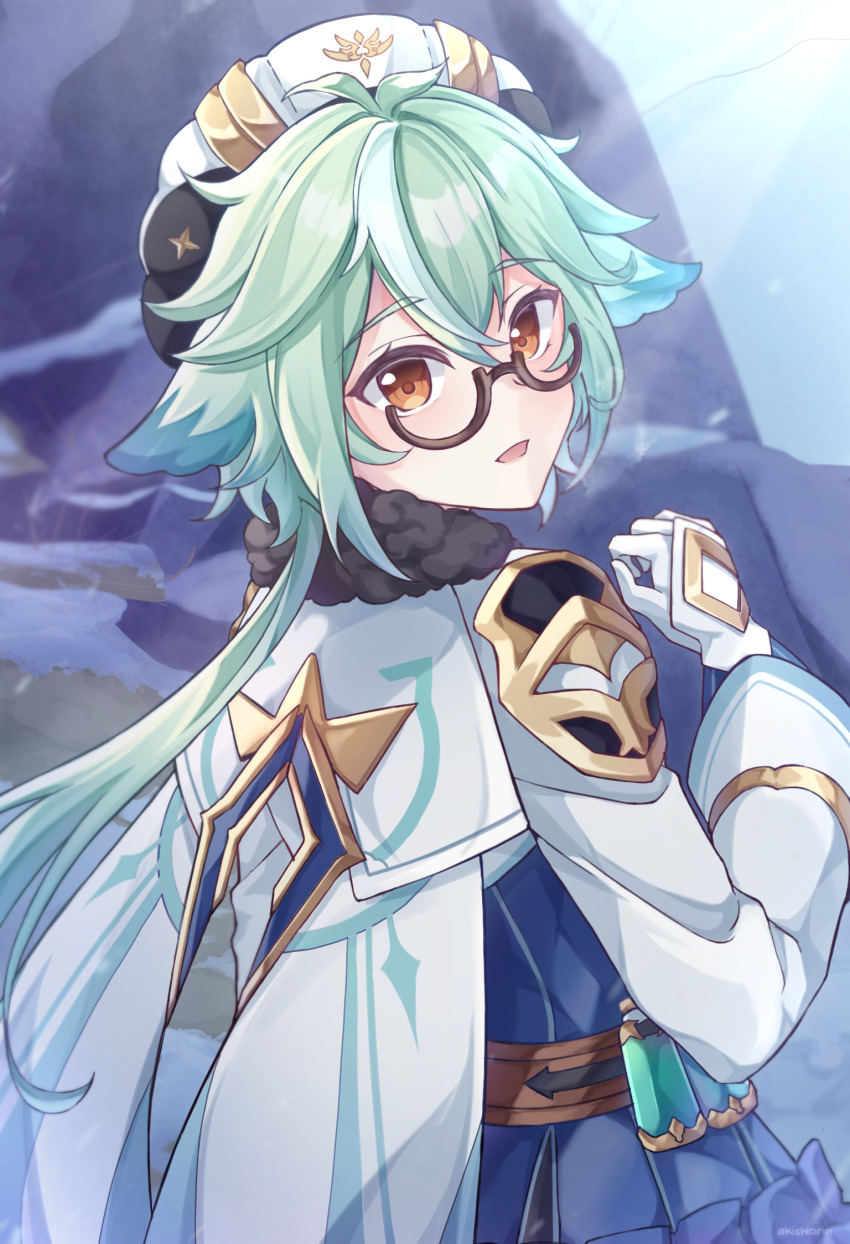 1girl, akishiorin, aqua_hair, genshin_impact, glasses, highres, looking_at_viewer, orange_eyes