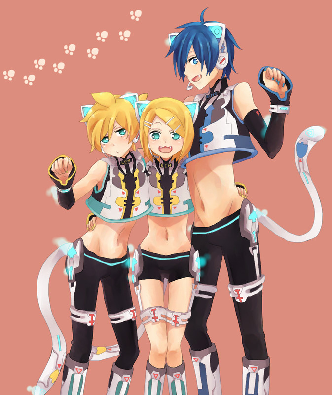 1girl, 2boys, :3, akiyoshi, akiyoshi_(tama-pete), animal_ear_headphones, animal_ears, aqua_hair