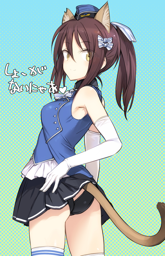 1girl, alternate_hairstyle, animal_ears, ass_cutout, bare_shoulders, black_panties, black_skirt, blue_background, blue_hat, bow, breasts, brown_hair, cat_ears, cat_tail, clothing_cutout, elbow_gloves, eleonore_giovanna_gassion, gloves, gradient_background, hair_bow, hat, looking_at_viewer, looking_back, luminous_witches, medium_breasts, medium_hair, miniskirt, panties, polka_dot, polka_dot_background, shimada_fumikane, skirt, smile, solo, tail, thighhighs, translation_request, underwear, white_gloves, white_thighhighs, world_witches_series, yellow_eyes