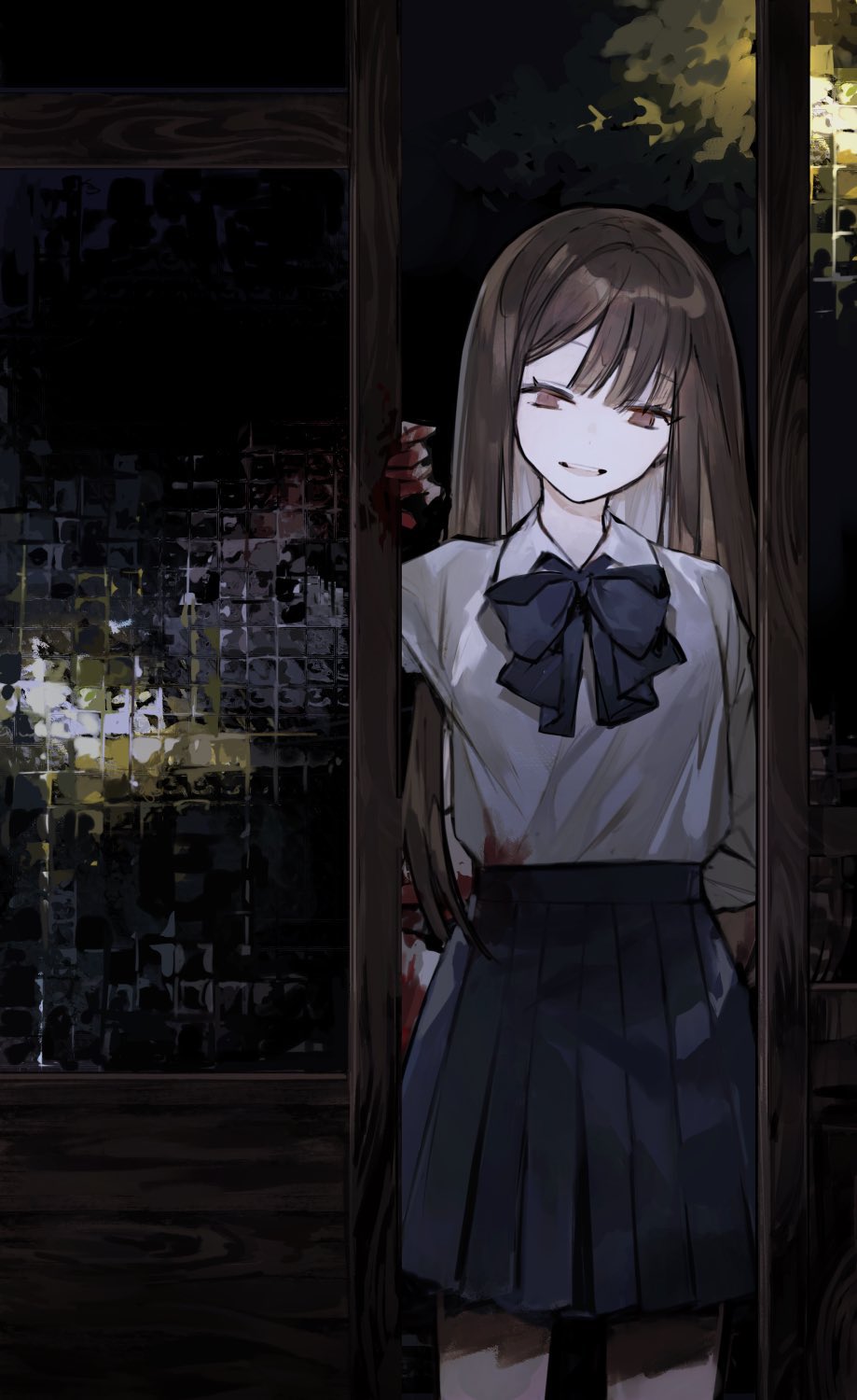 1girl, blood, blood_on_hands, blood_splatter, blue_bow, blue_bowtie, bow, bowtie