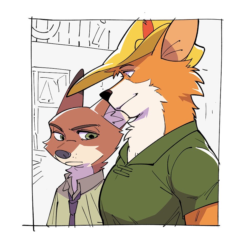 2boys, disney, fox, furry, furry_male, furry_with_furry, girl_staring_at_guy's_chest_(meme), green_tunic