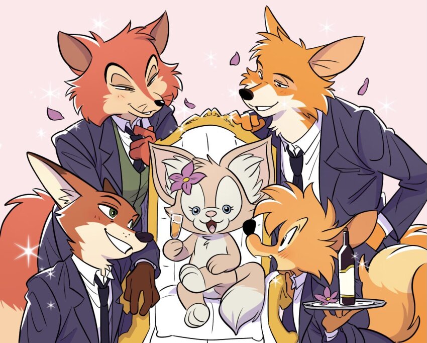 alcohol, blush, br'er_fox_(disney), champagne_flute, coat, cup, disney, drinking_glass, duffy_and_friends, falling_petals, flower, flower_on_head, furry, furry_female, furry_male, furry_with_furry, honest_john_(disney), linabell, looking_at_another, necktie, nick_wilde, on_throne, original, petals, pink_background, pinocchio_(disney_movie), robin_hood_(disney_character), robin_hood_(disney_movie), song_of_the_south, throne, tray, uochandayo, zootopia