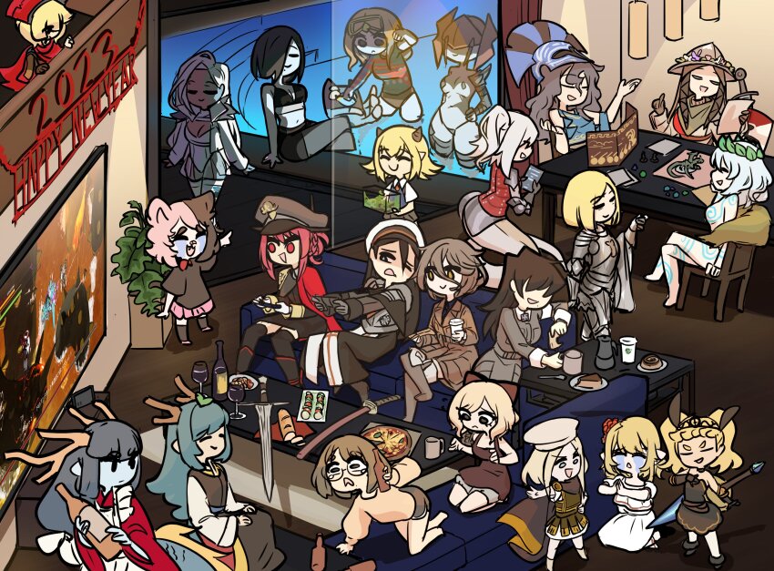 2023, 6+girls, alcohol, armor, board_game, borrowed_character, bottle, braid