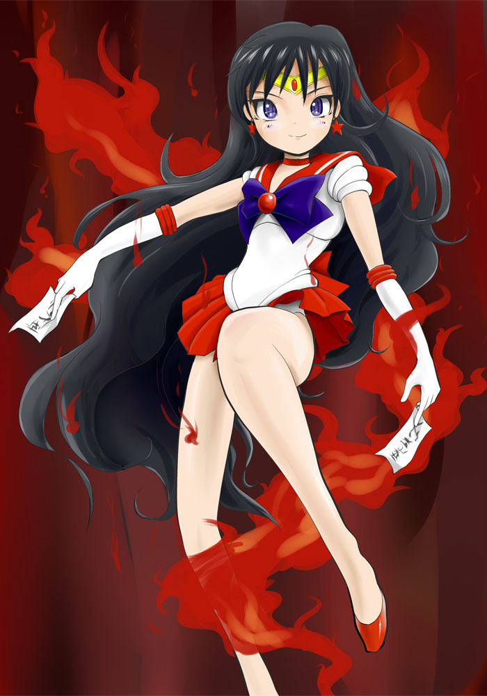 1990s_(style), 1girl, bad_id, bad_pixiv_id, bishoujo_senshi_sailor_moon, black_hair, choker, earrings, elbow_gloves, female_focus, fire, gloves, hino_rei, jewelry, koizumi_akira_(artist), long_hair, magical_girl, ofuda, paper, purple_eyes, sailor_mars, sailor_senshi, solo, tiara