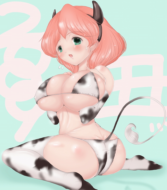 1990s_(style), 1girl, animal_print, bikini, blush, body_blush, breasts, cleavage, cow_girl, cow_horns, cow_print, cow_tail, detached_sleeves, covered_erect_nipples, female_focus, final_fantasy, final_fantasy_v, green_eyes, horns, huge_breasts, lenna_charlotte_tycoon, long_hair, pink_hair, ryukishi, sitting, solo, swimsuit, tail, thighhighs, underboob