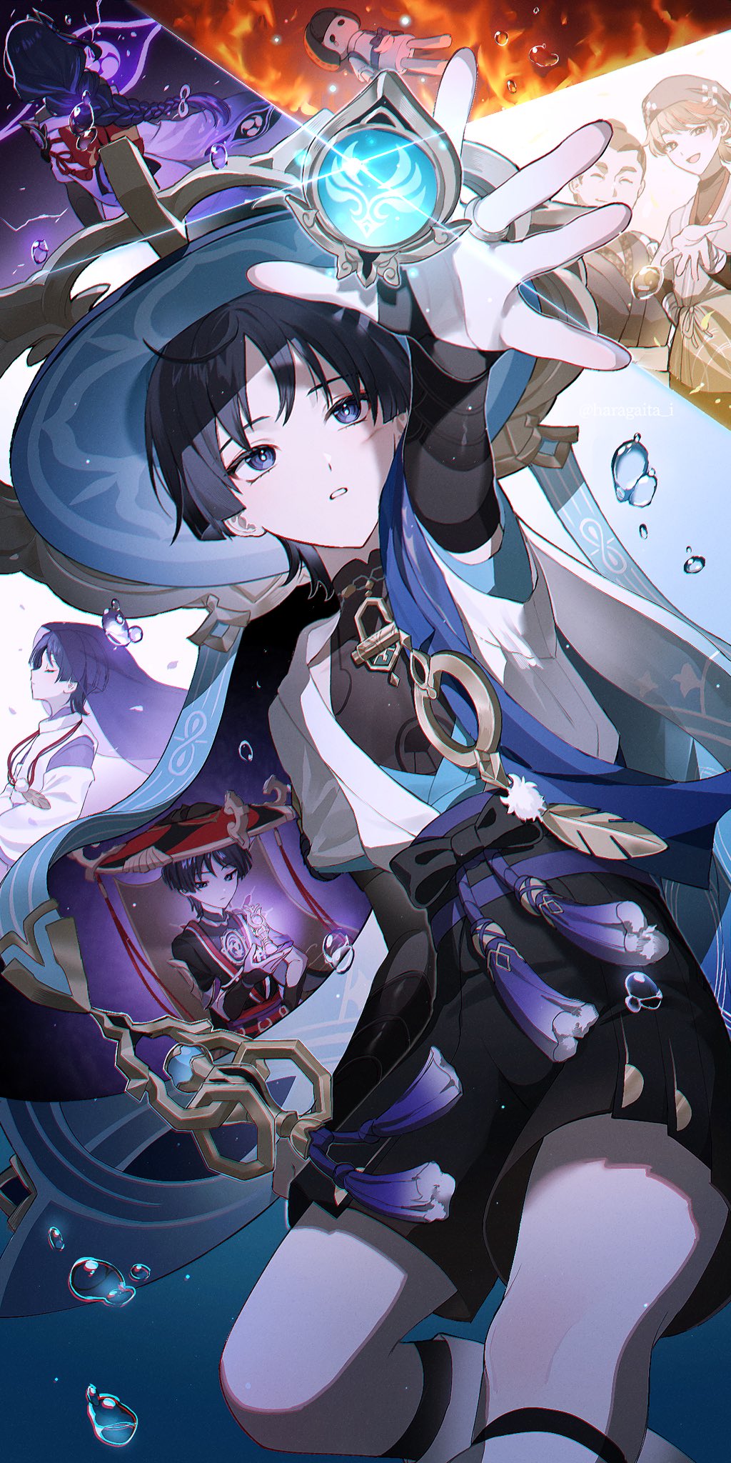 1girl, 5boys, arm_up, bandana, black_bow, black_hair, black_shirt, black_shorts, blue_bandana, blue_gem, blue_headwear, blue_ribbon, blunt_ends, bow, braid, bridal_gauntlets, character_doll, doll, electricity, eyeshadow, facing_away, feathers, fire, floating_hair, gem, genshin_impact, gnosis_(genshin_impact), gold_trim, hair_bun, hakama, hakama_shorts, haragaita_i, hat, highres, jacket, japanese_clothes, jingasa, katsuragi_(genshin_impact), kimono, long_hair, low-braided_long_hair, low-tied_long_hair, makeup, multiple_boys, multiple_persona, niwa_(genshin_impact), obi, open_clothes, open_jacket, open_mouth, outstretched_arm, parted_bangs, parted_lips, pom_pom_(clothes), profile, purple_eyes, purple_hair, purple_kimono, raiden_shogun, red_eyeshadow, red_ribbon, ribbon, sash, scaramouche_(genshin_impact), scaramouche_(kabukimono)_(genshin_impact), shirt, short_hair, short_sleeves, shorts, sidelocks, single_hair_bun, smile, tassel, time_paradox, veil, vision_(genshin_impact), wanderer_(genshin_impact), water, water_drop, white_jacket