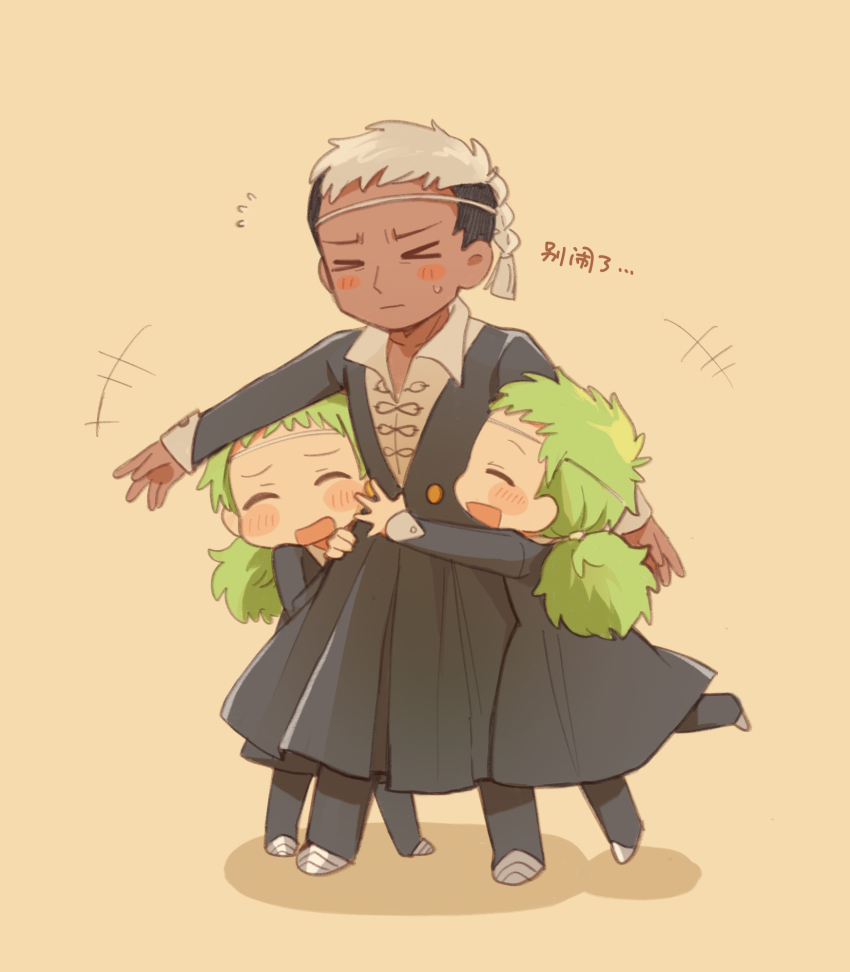 >_<, 3boys, black_dress, black_pants, blush, brothers, chibi, closed_eyes