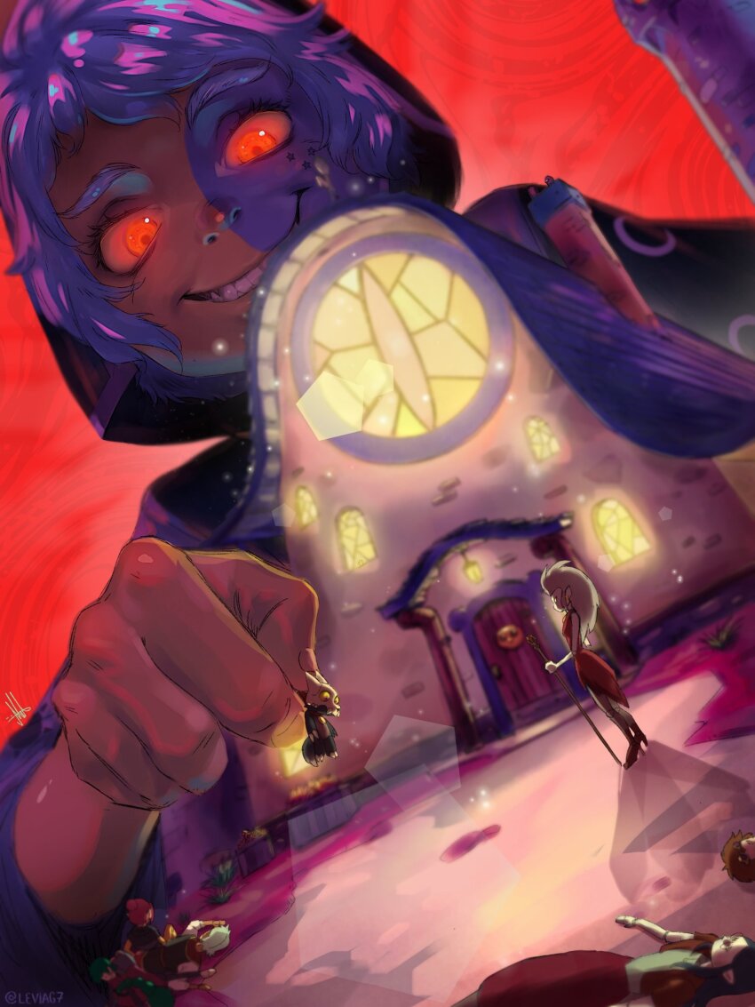 2others, 3boys, 3girls, alador_blight, black_hair, brown_hair, child, door, edalyn_clawthorne, edric_blight, emira_blight, fingernails, giant, glowing, green_hair, grin, highres, hooty_(the_owl_house), house, king_clawthorne, levi_art, light, lilith_clawthorne, multiple_boys, multiple_girls, multiple_others, owlbert_(the_owl_house), pointy_ears, raine_whispers, red_eyes, red_sky, sky, smile, teeth, the_collector_(the_owl_house), the_owl_house, white_hair, window