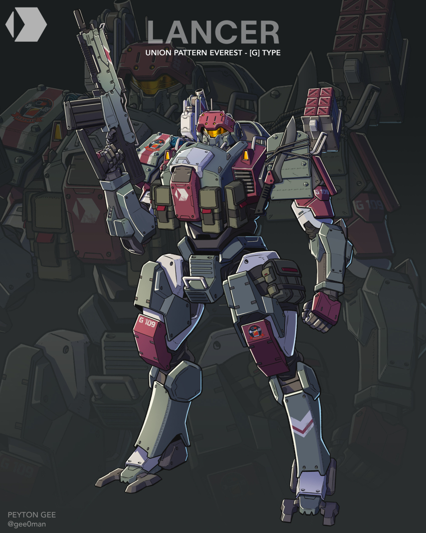 absurdres, artist_name, assault_visor, character_name, clenched_hand, commentary, english_commentary, everest_(lancer_rpg), full_body, gun, highres, holding, holding_gun, holding_weapon, knife, lancer_rpg, mecha, missile_pod, no_humans, official_art, peyton_gee, robot, solo, standing, twitter_logo, weapon, zoom_layer