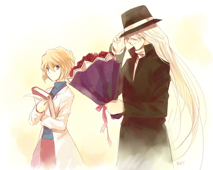 1boy, 1girl, bat_(coumori), blonde_hair, book, bouquet, criminal, flower