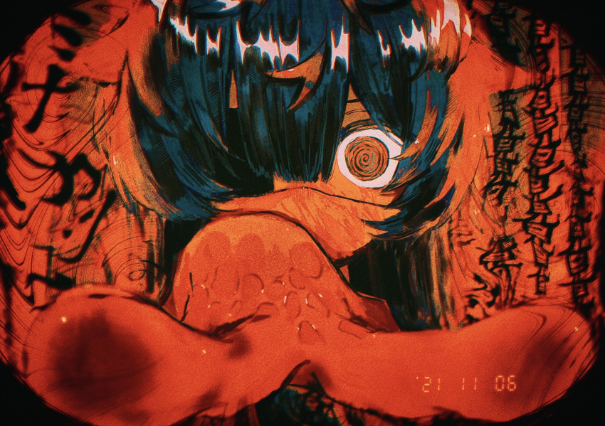 1girl, @_@, text_background, blunt_bangs, blurry, close-up, commentary, covered_mouth