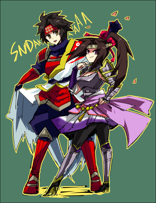 1boy, 1girl, armor, black_hair, brown_eyes, brown_hair, gi_(pixiv446835), headband