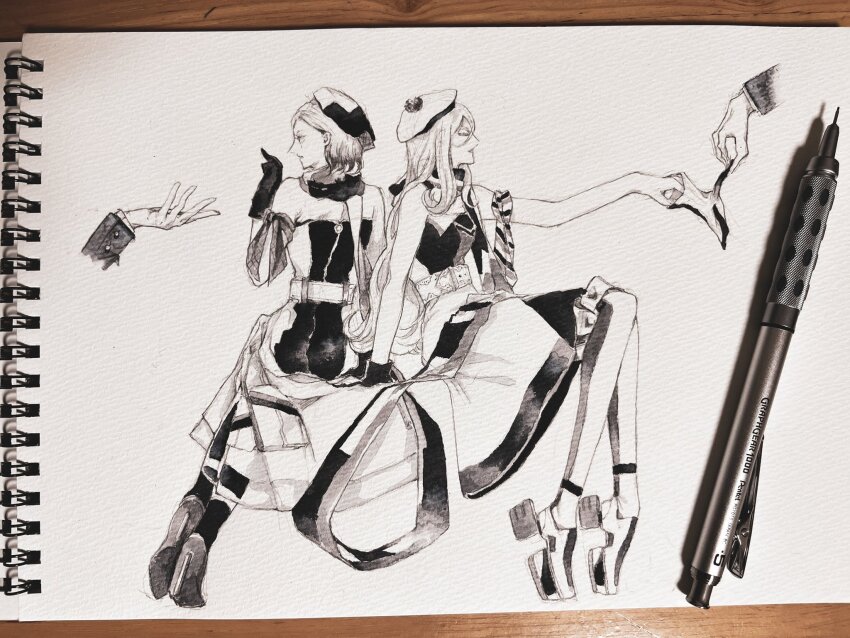 2girls, aratsuta_(aoedou), bare_shoulders, belt, beret, disembodied_hand, dress, from_side