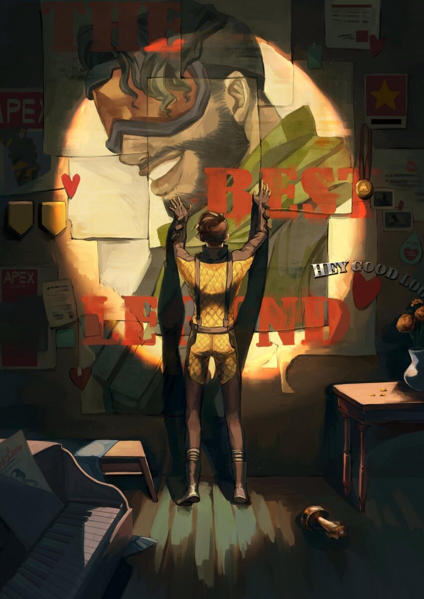 1boy, aged_down, angel_city_hustler_mirage, apex_legends, ass, black_boots, black_gloves, bodysuit