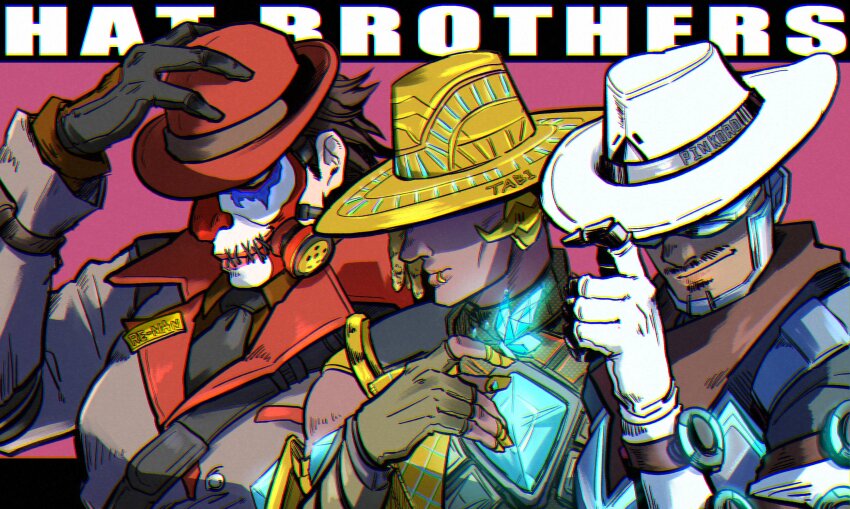 3boys, animification, apex_legends, armor, black_necktie, blonde_hair, brown_hair, brown_scarf