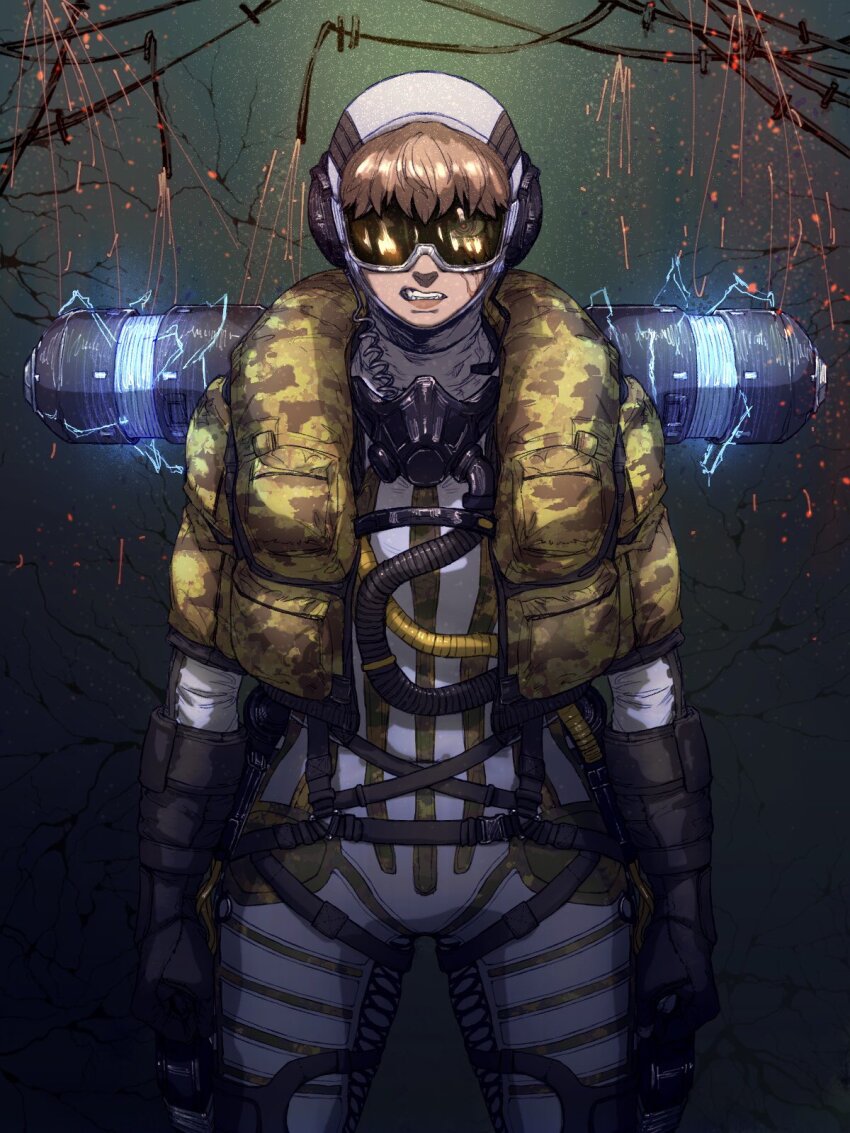 1girl, animification, apex_legends, arms_at_sides, bodysuit, brown_hair, cable, camouflage