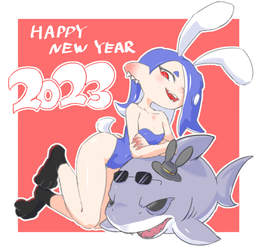 1girl, 2023, abe_(pixiv_89244231), ass, blue_hair, chinese_zodiac, collarbone, crossed_arms, earrings, hair_over_one_eye, hat, jewelry, kneeling, leaning_forward, looking_at_viewer, master_mega_(splatoon), multiple_earrings, new_year, nintendo, octoling, open_mouth, outside_border, playboy_bunny, rabbit_ears, rabbit_paws, rabbit_tail, red_background, red_eyes, shiver_(splatoon), smile, solo, splatoon_(series), splatoon_3, stuffed_animal, stuffed_shark, stuffed_toy, sunglasses_on_head, tentacle_hair, tooth_earrings, year_of_the_rabbit