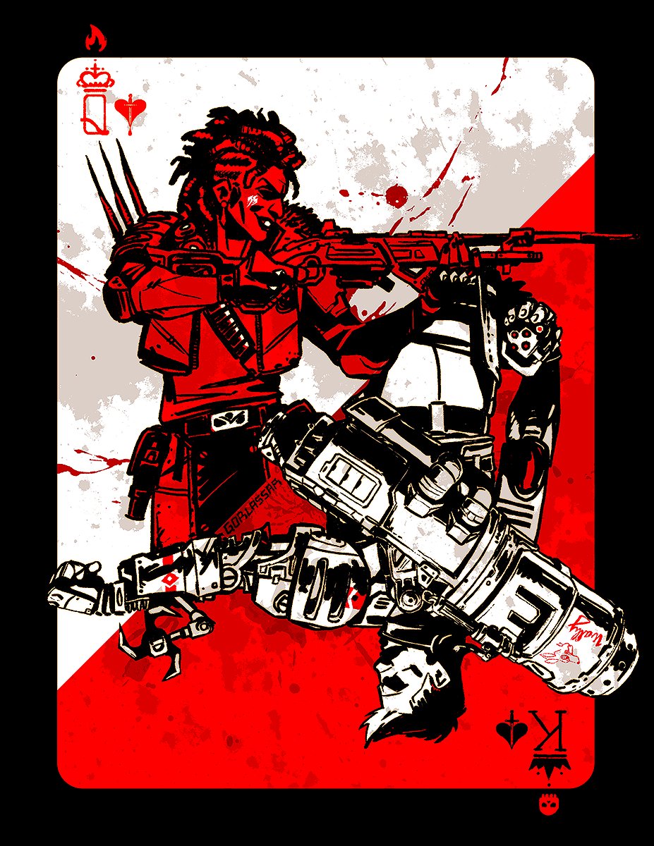 1boy, 1girl, 30-30_repeater, apex_legends, arc_star, belt, cam_(g0rlassar), card