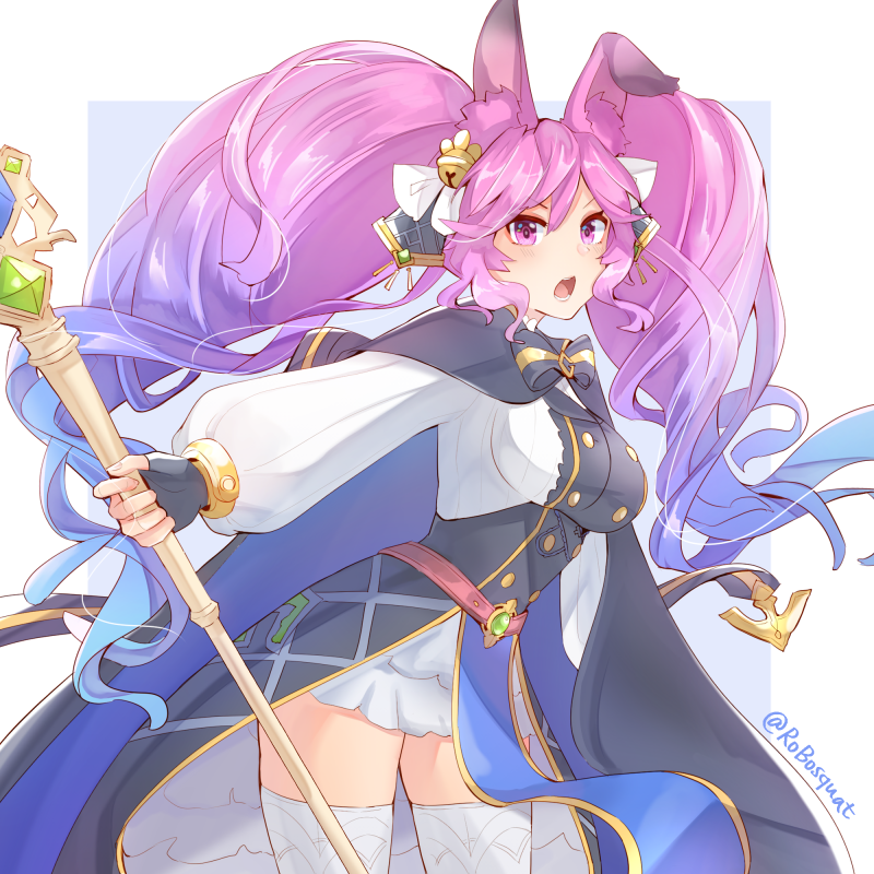 1girl, animal_ears, bell, blue_hair, breasts, cape, carrot_(robosquat), cleo_(dragalia_lost)