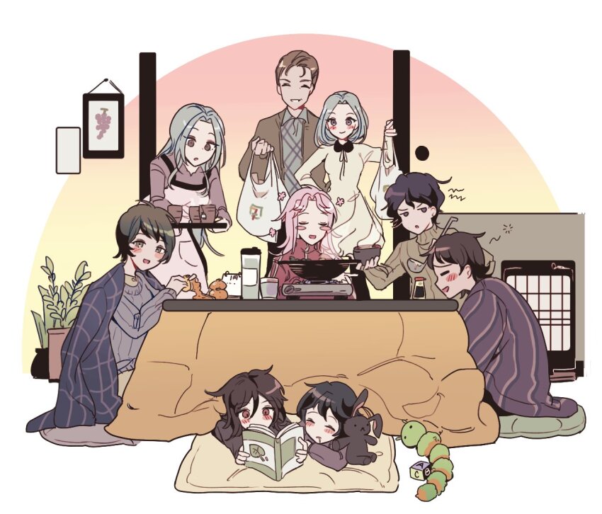 3girls, 5boys, apron, bag, black_hair, black_ribbon, blue_hair, blue_sweater