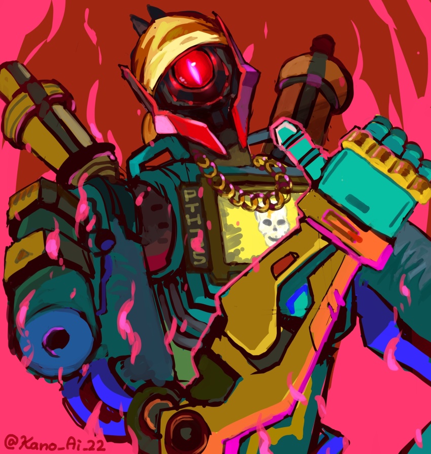 1boy, animification, apex_legends, bad_bot_pathfinder, brass_knuckles, chain, glowing, glowing_eye, gold_chain, hakkaro_kano, head_tilt, headband, highres, humanoid_robot, one-eyed, pathfinder_(apex_legends), red_eyes, robot, science_fiction, screen, solo, thumbs_up, twitter_username, upper_body, weapon, yellow_headband