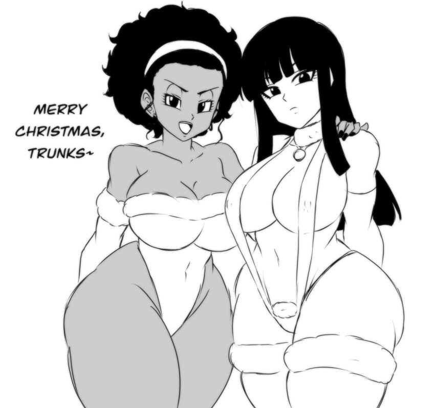 1boy, 2girls, afro, alternate_breast_size, bare_legs, breasts, cameltoe, curvy, dark-skinned_female, dark_skin, darwaarts, dragon_ball, dragon_ball_super, elbow_gloves, english_text, gloves, hetero, highleg, highleg_leotard, highres, large_breasts, leotard, long_ears, looking_at_another, looking_at_viewer, mai_(dragon_ball), merry_christmas, monochrome, multiple_girls, rulah_(dragon_ball), simple_background, slingshot_swimsuit, swimsuit, thighhighs, white_background, wide_hips
