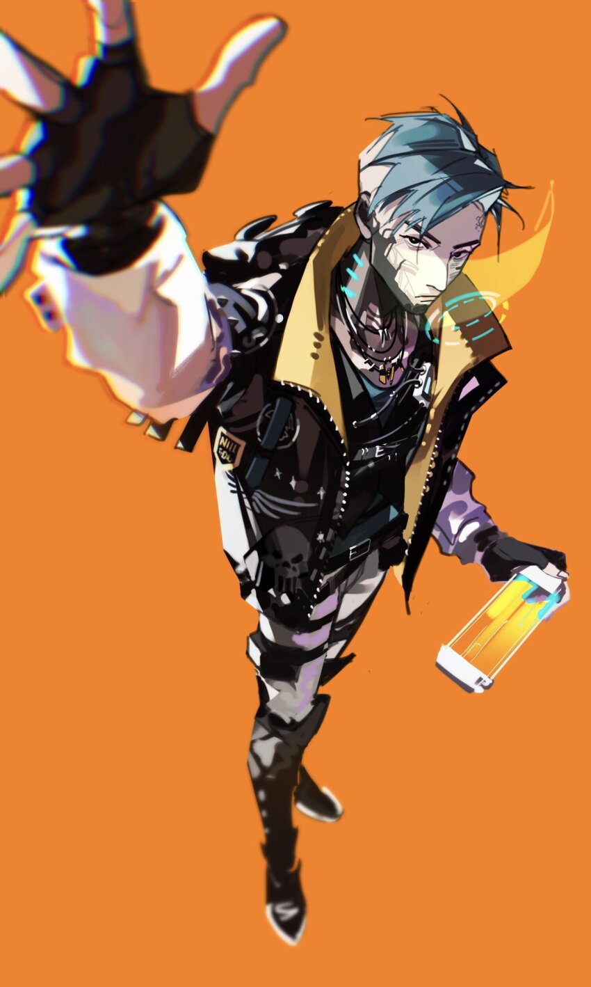 1boy, animification, apex_legends, belt, black_belt, black_eyes, black_footwear, black_gloves, black_jacket, black_vest, blue_hair, blue_shirt, boots, bright_pupils, crypto_(apex_legends), fingerless_gloves, from_above, full_body, gloves, handheld_game_console, highres, holding, holding_handheld_game_console, jacket, jewelry, kernel_panic_crypro, kernel_panic_crypto, looking_at_viewer, male_focus, necklace, nintendo_switch, orange_background, pants, sd2190392804, shirt, shoes, sneakers, solo, v-shaped_eyebrows, vest, white_pants, white_pupils