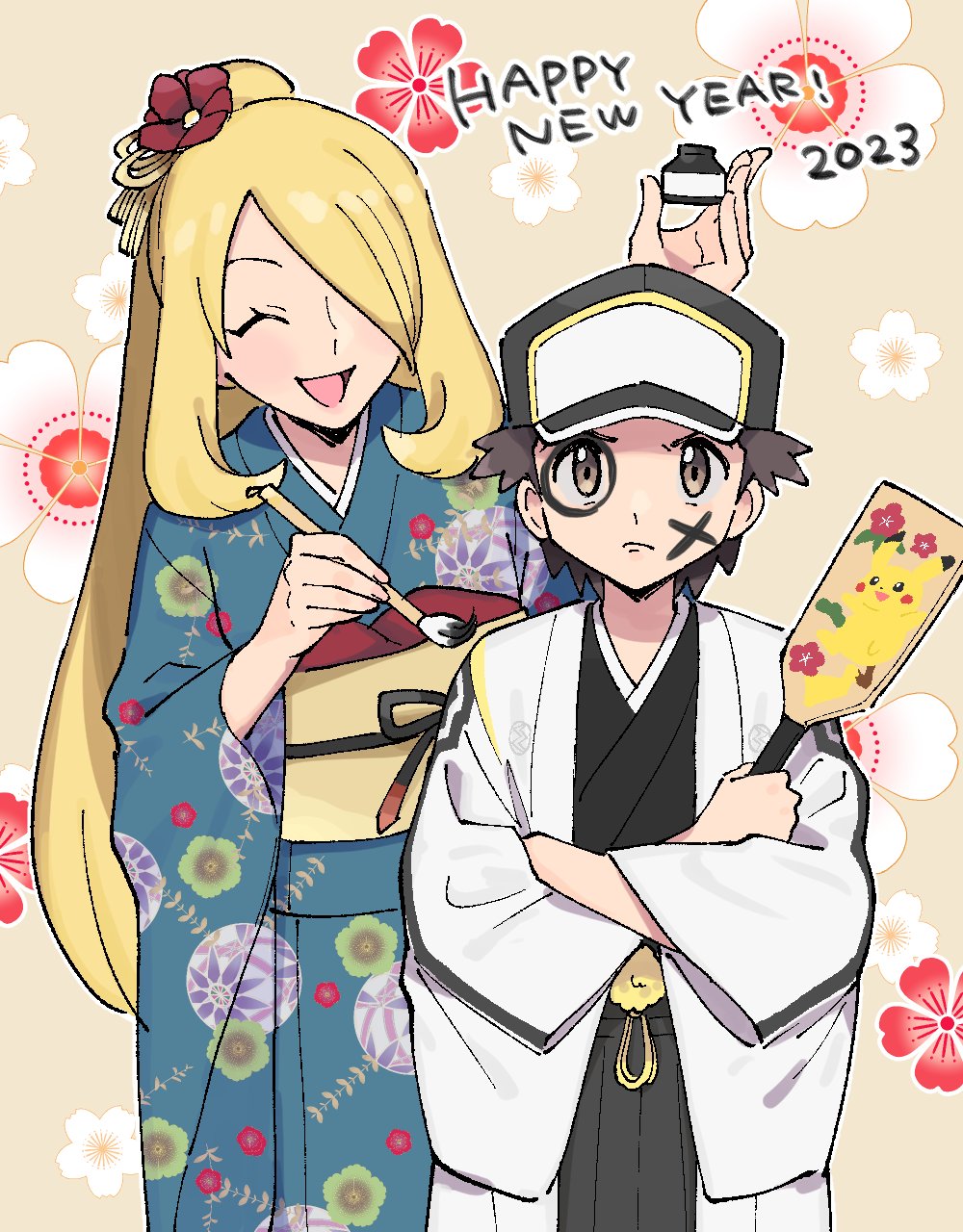 1boy, 1girl, 2023, ^_^, adapted_costume, baseball_cap, black_kimono, blonde_hair