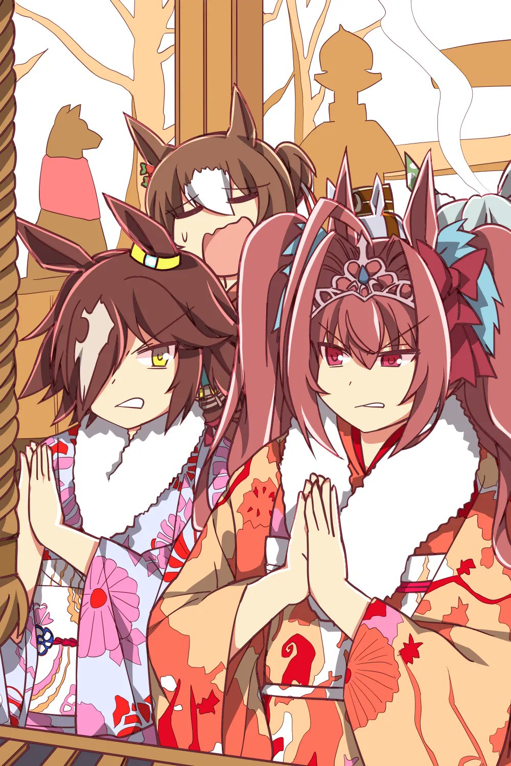 4girls, animal_ears, antenna_hair, black_hair, brown_hair, closed_eyes, commentary, daiwa_scarlet_(umamusume), ear_ornament, fine_motion_(umamusume), frown, fur_collar, furisode, glaring, hair_intakes, hair_over_one_eye, hair_up, half-closed_eyes, hatsumoude, highres, horse_ears, horse_girl, japanese_clothes, kimono, long_hair, long_sleeves, looking_at_another, multiple_girls, new_year, obi, offertory, open_mouth, orange_kimono, own_hands_together, pink_kimono, ponytail, praying, print_kimono, purple_eyes, rope, sash, seiun_sky_(umamusume), short_ponytail, smoke, standing, sweatdrop, temple, tiara, twintails, umamusume, vodka_(umamusume), wahiko_(black_bastard), white_hair, yellow_eyes