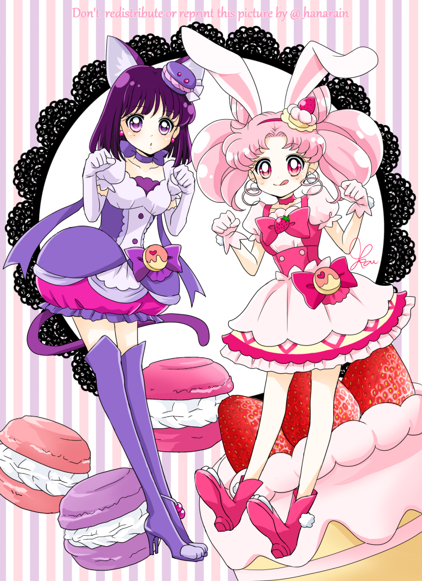 2girls, :q, animal_ears, bishoujo_senshi_sailor_moon, boots, bow, brooch, bubble_skirt, cake, cake_hair_ornament, cat_ears, chibi_usa, choker, color_connection, commentary_request, cone_hair_bun, cosplay, cure_macaron, cure_macaron_(cosplay), cure_whip, cure_whip_(cosplay), double_bun, dress, earrings, elbow_gloves, extra_ears, food, food-themed_brooch, food-themed_hair_ornament, fruit, gloves, hair_bun, hair_ornament, highres, jewelry, kirakira_precure_a_la_mode, looking_at_viewer, macaron, macaron_hair_ornament, multiple_girls, oversized_food, oversized_object, paw_pose, pink_boots, pink_bow, pink_choker, pink_eyes, pink_hair, pom_pom_(clothes), pom_pom_earrings, precure, purple_choker, purple_eyes, purple_footwear, purple_hair, purple_skirt, purple_tail, rabbit_ears, ribbon_choker, sarashina_kau, shoes, short_hair, skirt, smile, strawberry, strawberry_shortcake, thigh_boots, thighhighs, tomoe_hotaru, tongue, tongue_out, twintails, white_dress, white_gloves, zettai_ryouiki