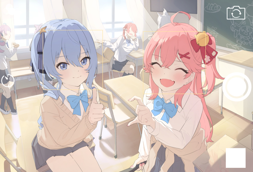 6+girls, :d, ahoge, animal_ear_fluff, animal_ears, applepie_(12711019), bell, black_skirt, black_socks, blue_bow, blue_bowtie, blue_eyes, blue_hair, blue_nails, blush, bow, bowtie, braid, breasts, brown_cardigan, cardigan, cardigan_around_waist, cat_ears, cat_girl, chair, chalkboard, classroom, closed_eyes, clothes_around_waist, collar, collared_shirt, commentary, crossed_bangs, curtains, desk, drawing, food, fox_ears, fox_girl, hair_bell, hair_between_eyes, hair_bow, hair_ornament, hair_ribbon, heart, heart_hands, heart_hands_failure, heart_hands_invitation, highres, hololive, hoshimachi_suisei, houshou_marine, long_hair, looking_at_viewer, medium_breasts, medium_hair, minato_aqua, multiple_girls, nail_polish, nekomata_okayu, on_desk, onigiri, open_mouth, pink_hair, pink_nails, pirate_costume, pleated_skirt, purple_hair, red_bow, red_hair, reflection, ribbon, sakura_miko, school, school_chair, school_desk, school_uniform, shirakami_fubuki, shirt, shoes, side_braid, side_ponytail, sidelocks, sitting, skirt, smile, socks, standing, star-shaped_pupils, star_(symbol), star_hair_ornament, untranslatable_commentary, symbol-shaped_pupils, taking_picture, talking, television, thumbs_up, twintails, viewfinder, virtual_youtuber, white_footwear, white_hair, white_shirt, window, x_hair_ornament