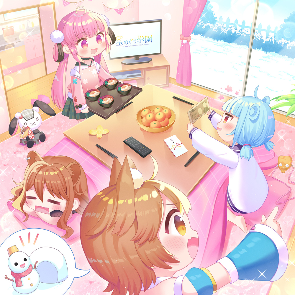 4girls, :d, =_=, ahoge, animal_ear_fluff, animal_ears, apron, banknote