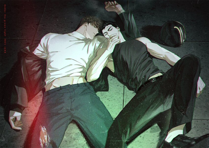 2boys, artist_name, belt, black_belt, black_footwear, black_hair, black_pants, black_shirt