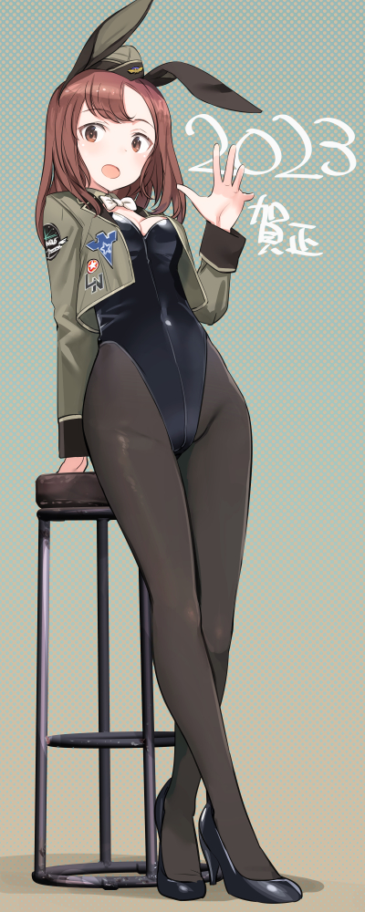 1girl, 2023, animal_ears, bow, bowtie, breasts, brown_hair, chair