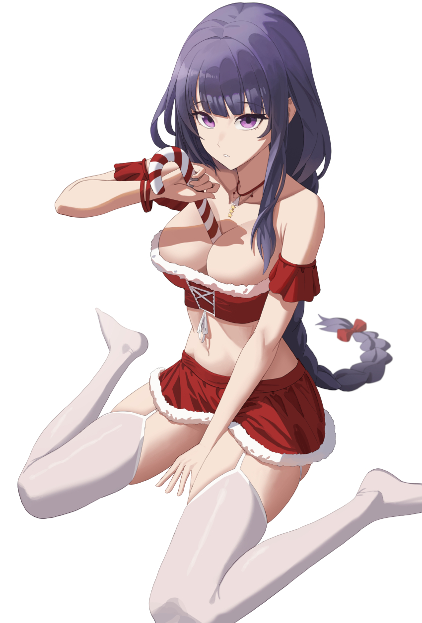 1girl, alternate_costume, arm_garter, bare_shoulders, bow, braid, breasts, candy, candy_cane, christmas, cleavage, cross-laced_clothes, food, frilled_garter, fur-trimmed_shirt, fur-trimmed_skirt, fur_trim, garter_straps, genshin_impact, hair_bow, hand_up, highres, holding, holding_candy, holding_candy_cane, holding_food, human_scabbard, jewelry, legs, llami_0, long_hair, looking_at_viewer, low-braided_long_hair, low-tied_long_hair, medium_breasts, midriff, miniskirt, navel, necklace, no_shoes, parted_lips, purple_eyes, purple_hair, raiden_shogun, red_bow, red_garter, red_skirt, red_tube_top, santa_costume, shirt, sidelocks, simple_background, single_braid, sitting, skindentation, skirt, solo, stomach, strapless, strapless_shirt, thighhighs, thighs, tube_top, wariza, white_background, white_garter_straps, white_thighhighs, wristband, zettai_ryouiki