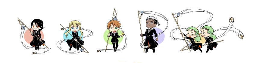 >_<, 1girl, 5boys, :d, absurdres, black_dress, black_hair, blonde_hair