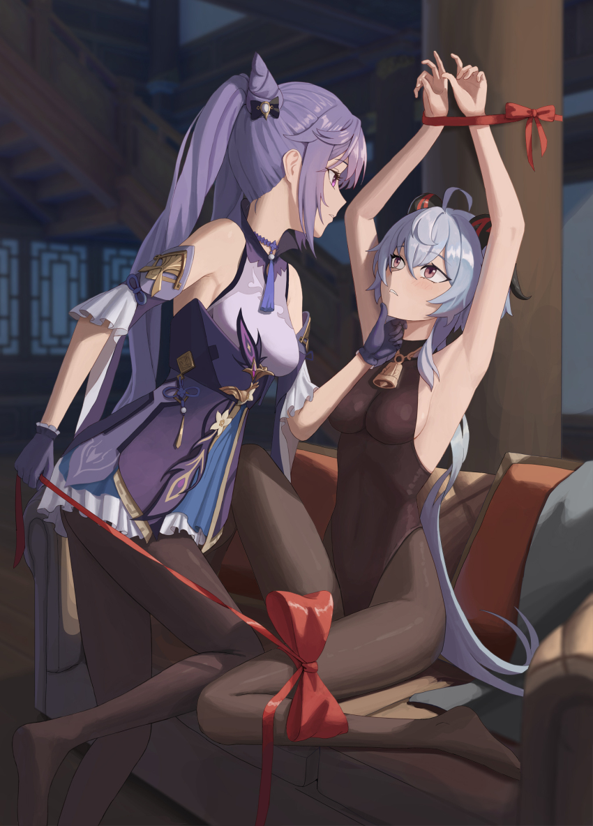 2girls, ahoge, armpits, arms_up, bare_arms, bare_shoulders, bell, black_bodysuit