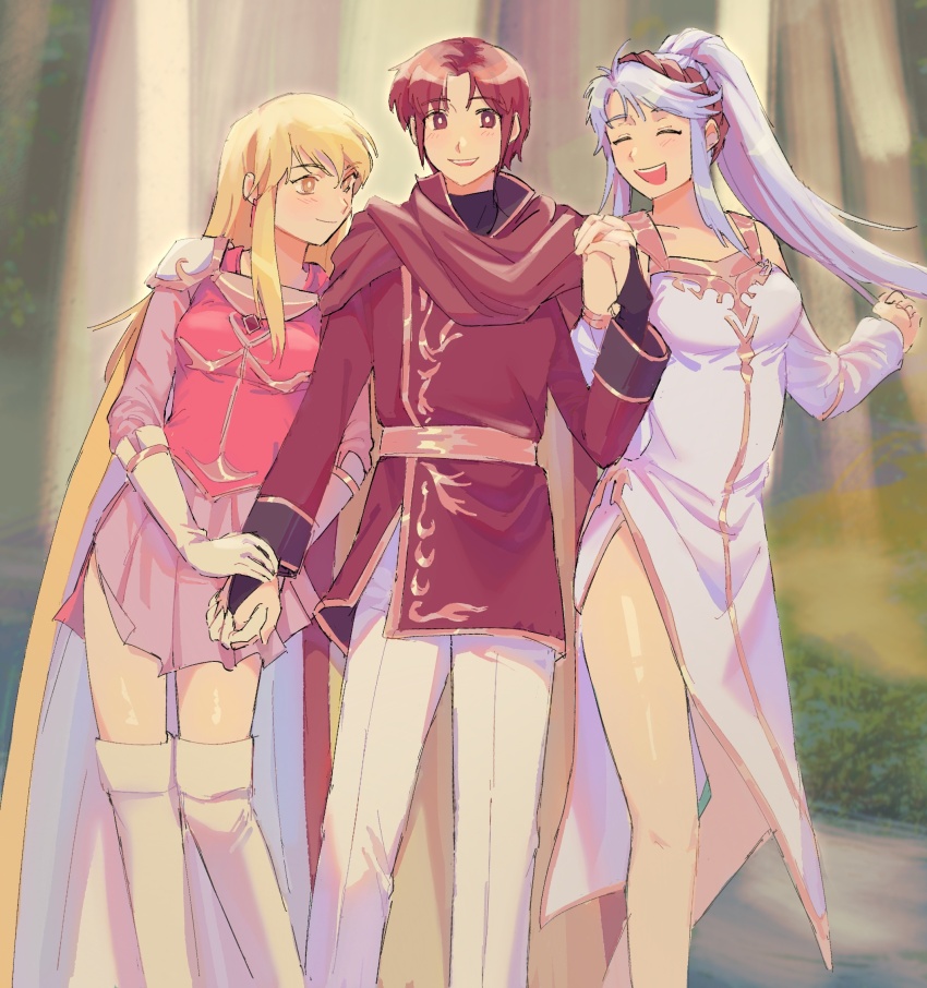 azelle_(fire_emblem), babykatafan, blush, fire_emblem, fire_emblem:_genealogy_of_the_holy_war, forest, hairband, highres, holding_hands, husband_and_wives, lachesis_(fire_emblem), nature, nintendo, polygamy, skirt, smile, tagme, tailtiu_(fire_emblem)
