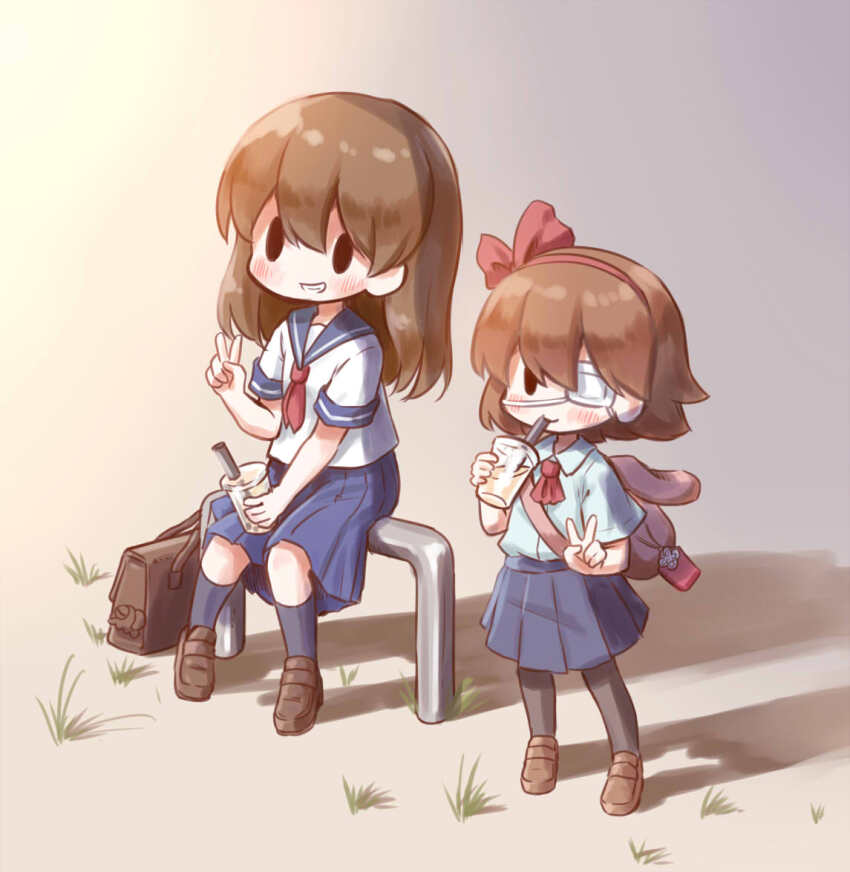 2girls, arinu, bag, blush, bubble_tea, cup, drink, drinking_straw