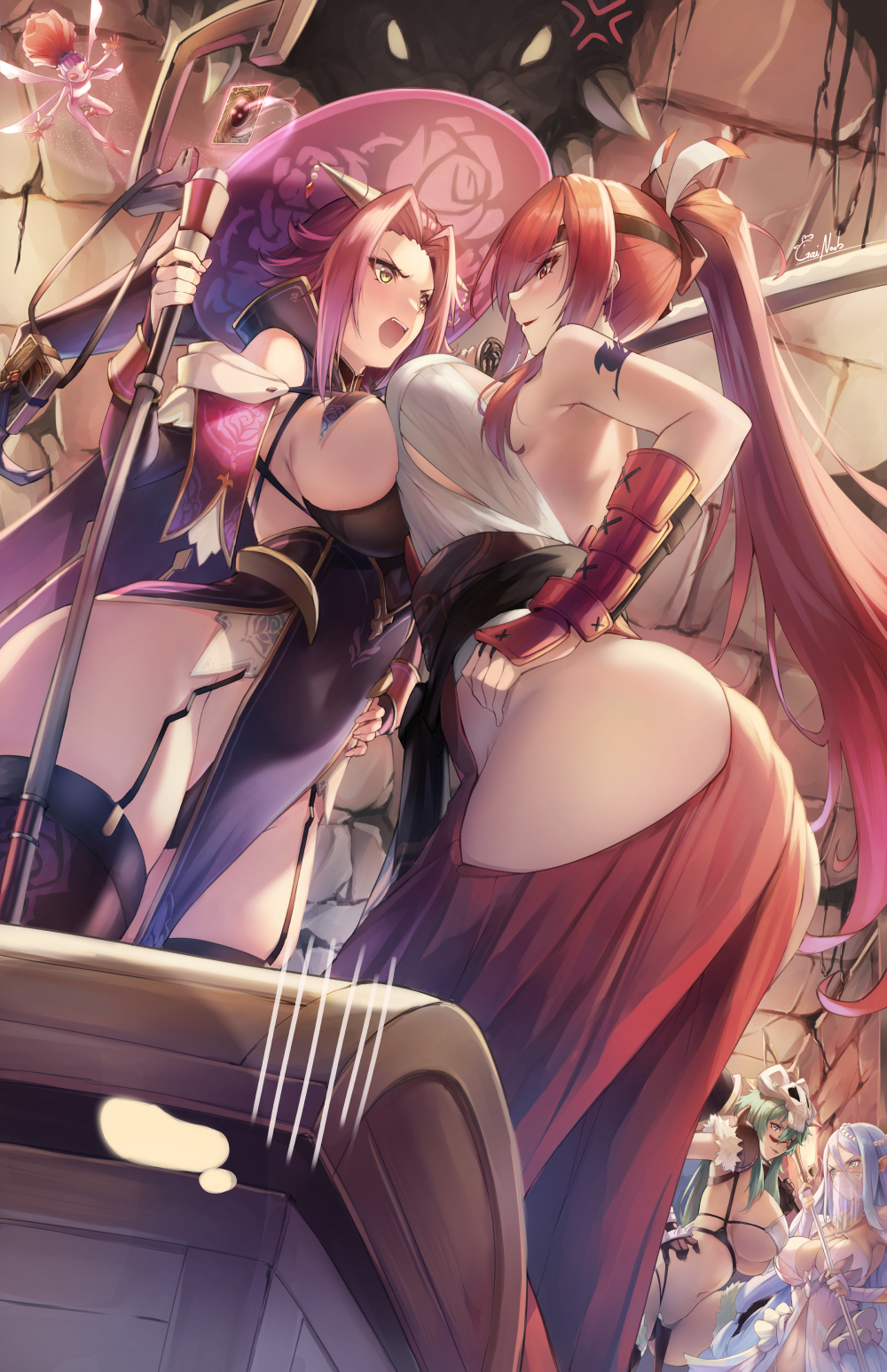 4girls, aged_up, alternate_costume, anger_vein, arm_tattoo, armor, arrancar, ass, azura_(fire_emblem), backless_outfit, bare_shoulders, bikini, bikini_armor, black_bikini, black_dress, black_gloves, black_thighhighs, bleach, blue_hair, breast_press, breasts, bridal_gauntlets, brown_eyes, carrying_over_shoulder, center_opening, character_request, cleavage, clothing_cutout, commentary, covered_navel, cowboy_shot, crossover, dress, english_commentary, erza_scarlet, face-to-face, facial_mark, fairy, fairy_tail, fire_emblem, fire_emblem_fates, fur-trimmed_legwear, fur_trim, gainoob, garter_straps, gloves, green_eyes, green_hair, groin, hair_between_eyes, hakama, hakama_skirt, hand_on_own_hip, hat, highres, hip_vent, holding, holding_staff, holding_sword, holding_weapon, indoors, izayoi_aki, japanese_armor, japanese_clothes, jewelry, kote, large_breasts, long_hair, making-of_available, mini_person, minigirl, mismatched_bikini, mouth_veil, multiple_crossover, multiple_girls, navel, nelliel_tu_odelschwanck, nintendo, open_mouth, parted_bangs, pelvic_curtain, pointy_ears, ponytail, red_eyes, red_hair, sarashi, short_hair, sideboob, sidelocks, signature, skindentation, skirt, skull, skull_on_head, sleeveless, sleeveless_dress, staff, standing, stomach, swimsuit, sword, symmetrical_docking, tattoo, teeth, thighhighs, treasure_chest, underboob, upper_teeth_only, veil, very_long_hair, weapon, white_bikini, white_dress, witch_hat, wrist_cuffs, yellow_eyes, yu-gi-oh!, yu-gi-oh!_5d's