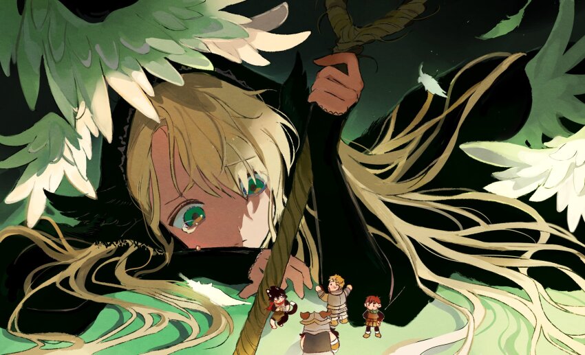 12anchovy, 2girls, 3boys, animal_ears, armor, black_dress, black_hair, black_headwear, blonde_hair, brown_hair, cat_ears, cat_girl, cat_tail, chibi, chilchuck_tims, closed_mouth, dress, dungeon_meshi, elf, fake_horns, feathered_wings, green_eyes, hair_spread_out, halfling, helmet, highres, holding, holding_staff, horned_helmet, horns, izutsumi, laios_touden, long_hair, long_sleeves, looking_at_another, lying, marcille_donato, marcille_donato_(lord), multiple_boys, multiple_girls, official_alternate_costume, open_mouth, pointy_ears, sad, scarf, senshi_(dungeon_meshi), short_hair, smile, solo_focus, spoilers, staff, tail, tears, very_long_hair, white_wings, wings