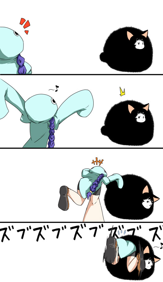 2girls, 4koma, animal_ears, bad_id, bad_pixiv_id, black_hair, comic, mofutter