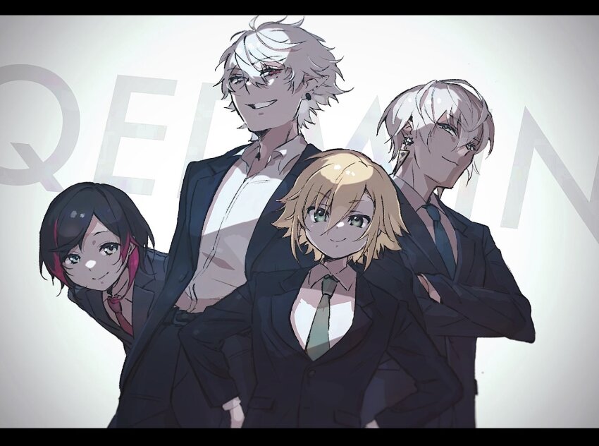 4boys, black_hair, black_jacket, blonde_hair, collared_shirt, crazy_raccoon, crossed_arms, ear_piercing