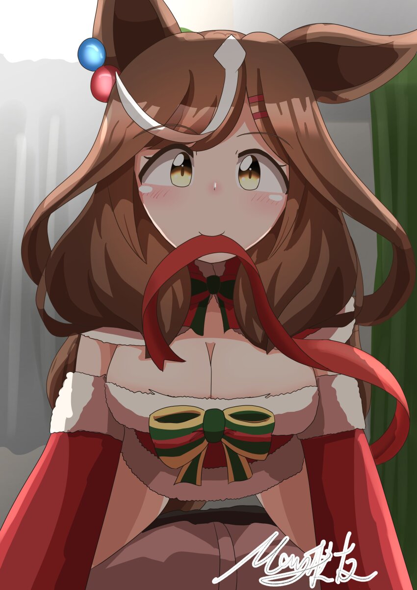 1girl, absurdres, alternate_costume, animal_ears, bent_over, blush, breasts, brown_hair, cleavage, curtains, detached_sleeves, hair_ornament, hairclip, highres, horse_ears, horse_girl, horse_tail, matikanetannhauser_(umamusume), matty_(matsutomo), medium_breasts, medium_hair, pov, ribbon, santa_costume, signature, smile, solo_focus, tail, umamusume, yellow_eyes