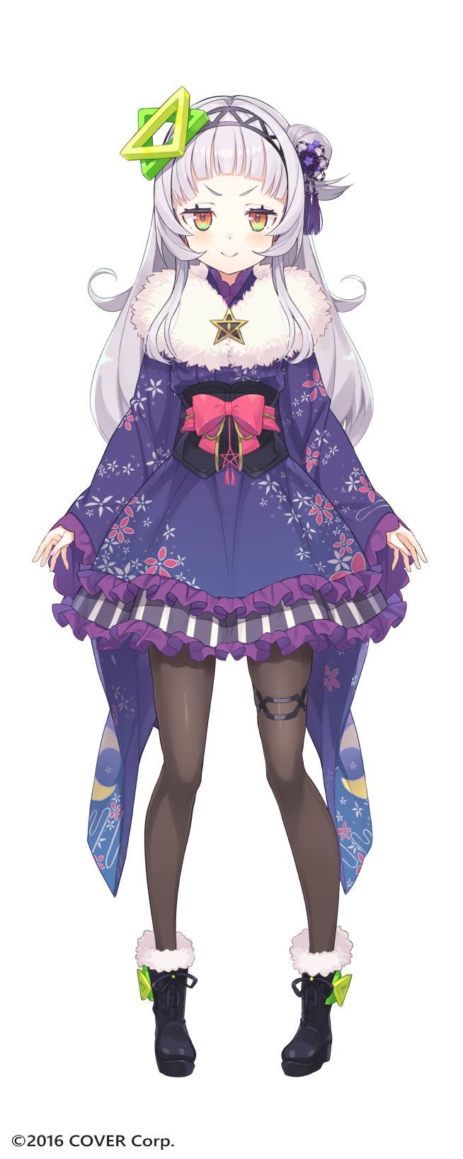>:), 1girl, alternate_costume, alternate_hairstyle, black_boots, black_hairband, black_pantyhose, blue_kimono