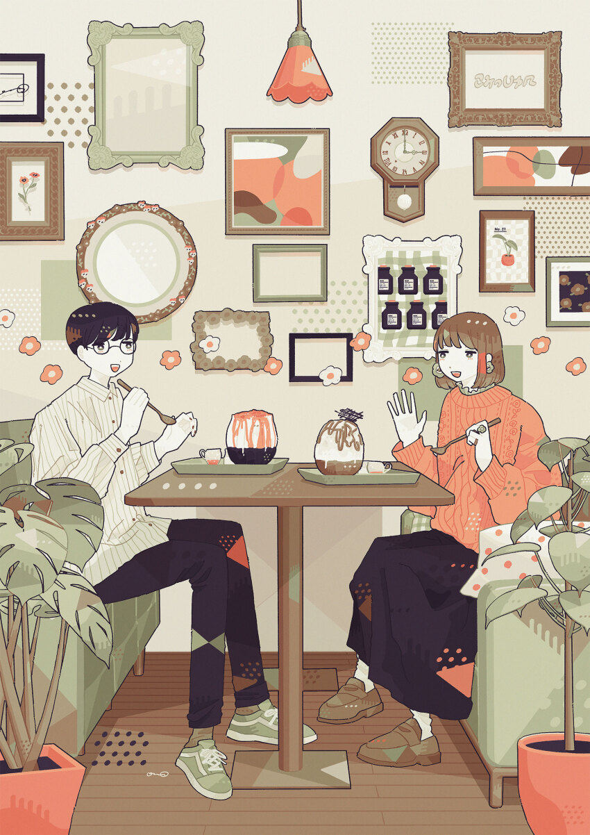 1boy, 1girl, absurdres, black_hair, black_pants, black_skirt, brown_footwear, brown_hair